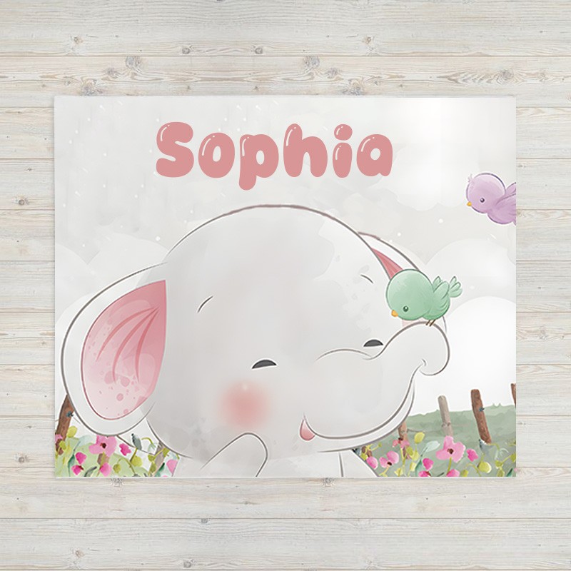 Personalized Kids Blanket Elephant with Birds Blush Floral Birthday Children's Day Gift