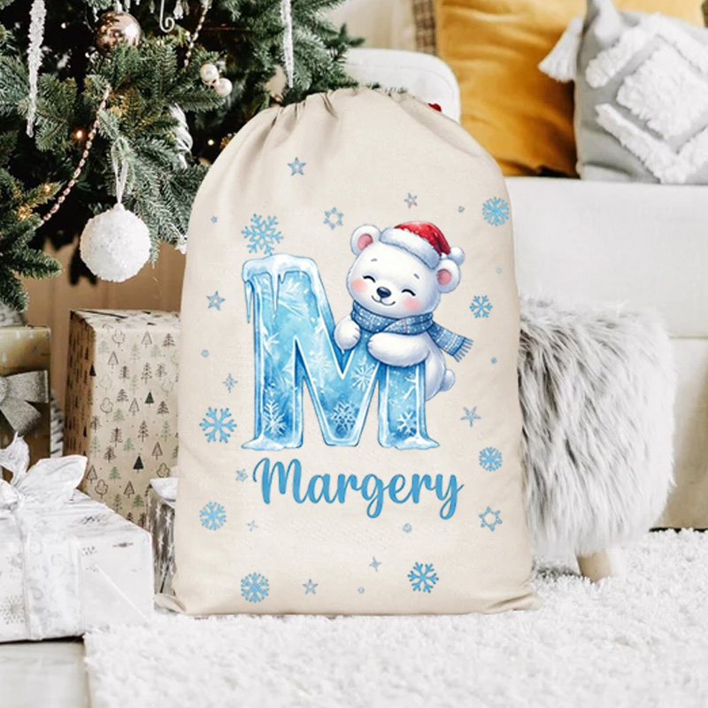 Personalized Christmas Gift Sack Custom Name Snow Bear Alphabet Santa Bag Holiday Present Storage For Kids
