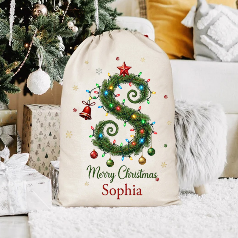 Personalized Christmas Gift Sack Custom Name Alphabet Tree Santa Bag Holiday Present Storage For Kids
