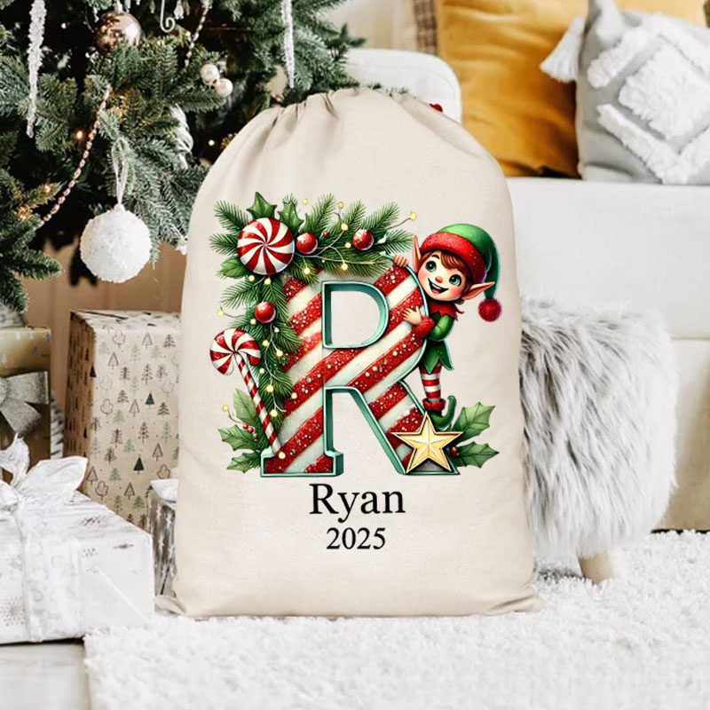 Personalized Festive Initial Christmas Bag with Candy Cane and Elf Design Featuring Name and Year for Holiday Joy