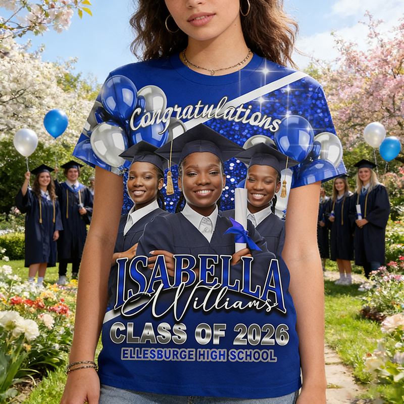 Personalized All Over Print Congratulations Grad Photo T-Shirt Custom School Name and Graduate Name Class of 2026 Shirt