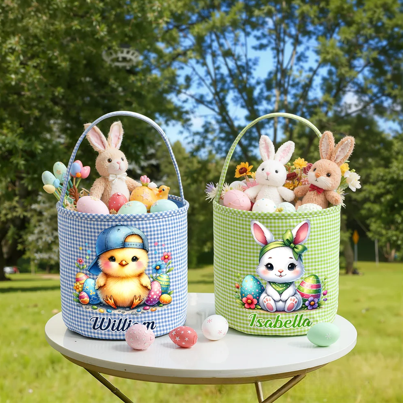 Personalized Cartoon Cute Bunny Chick Reusable Easter Plaid Basket with Name Easter Egg Hunt Easter Party Gift for Kids