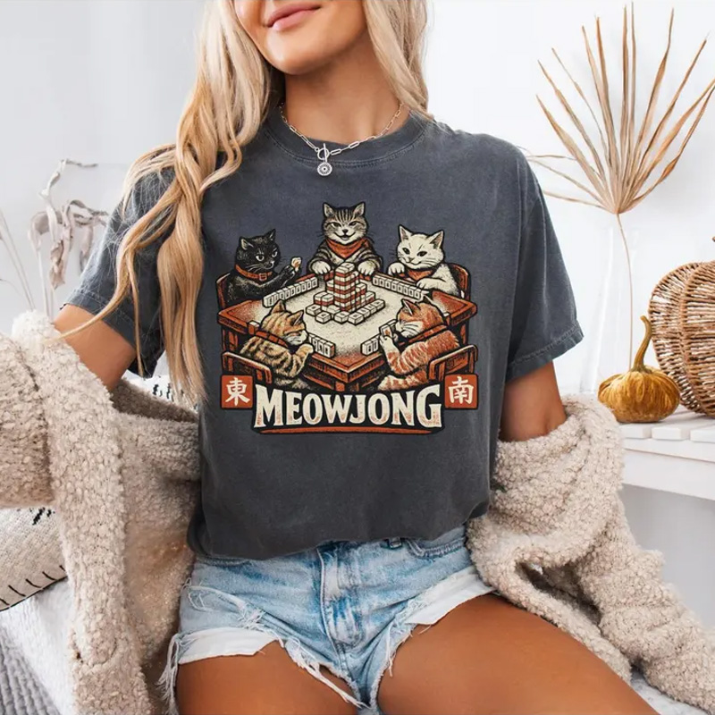 Comfort Colors Meowjong Tee Funny Mahjong Club Shirt Retro Cats Illustration Unique Mahjong Player Gift for Him Her