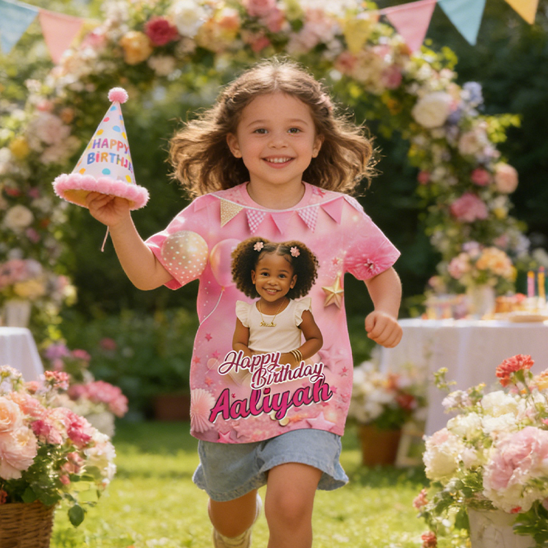 Personalized Princess Castle Birthday All-Over Print T-Shirt Custom Photo and Name Kids Birthday Gift for Little Princess