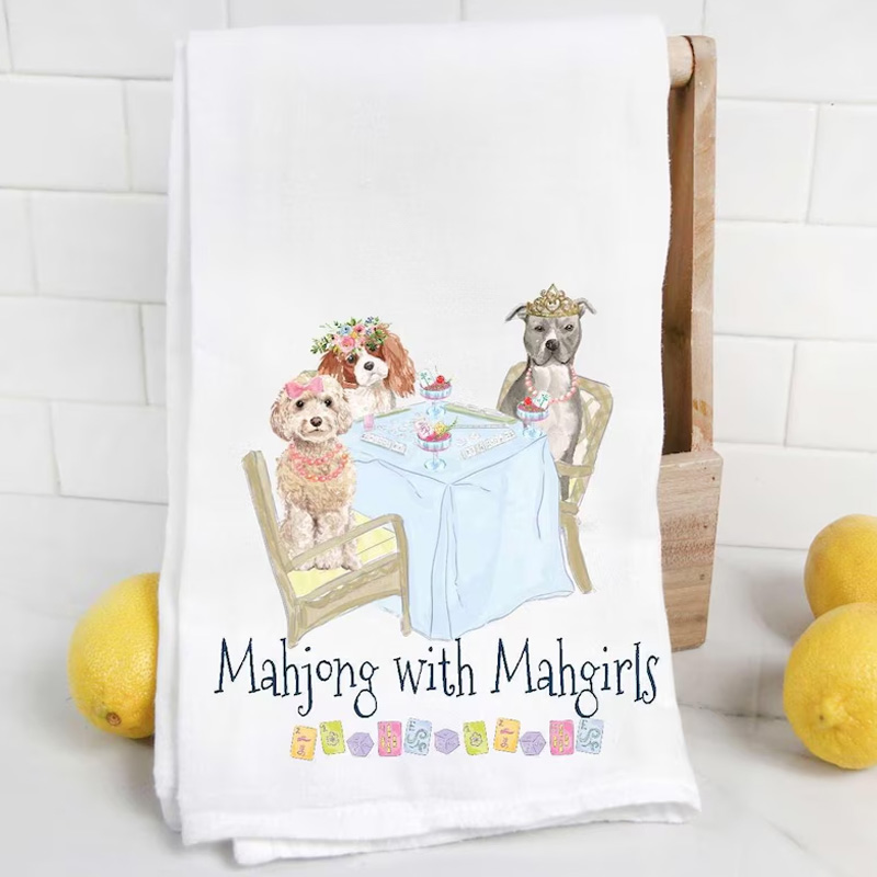 Mahjong with Mahgirls Dog Tea Towel Mahjong Lovers Gifts for Her
