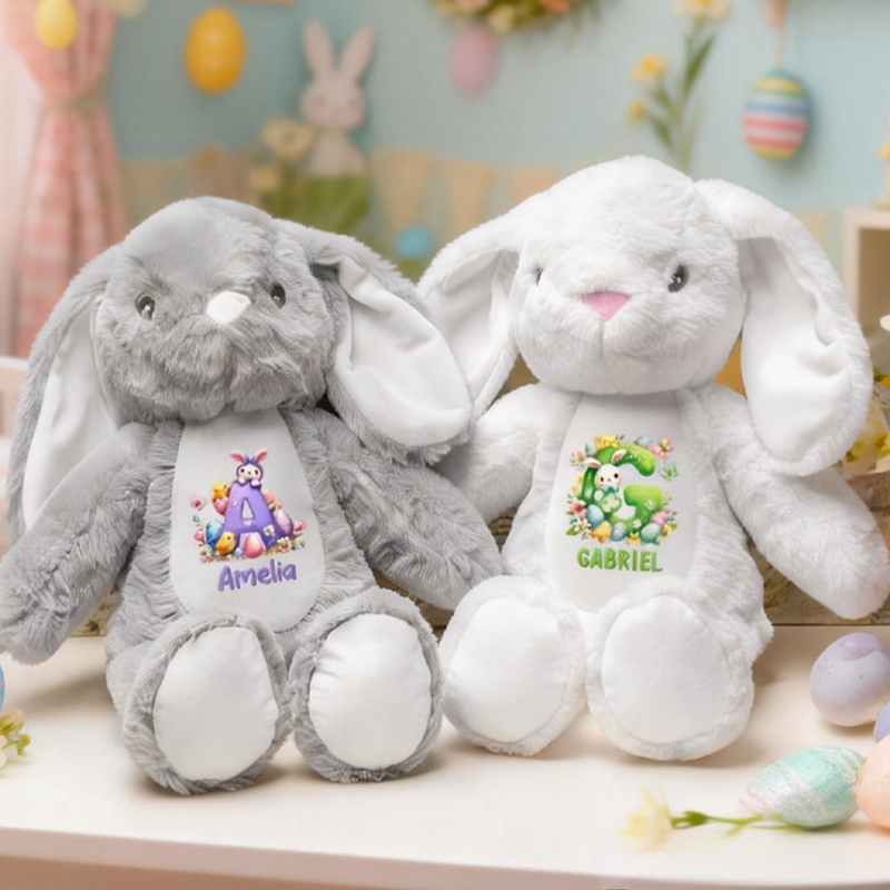 Personalized Easter Egg Cartoon Rabbit Flowers Plush Bunny Stuffed Toy with Initial and Name Easter Gift for Boys Girls