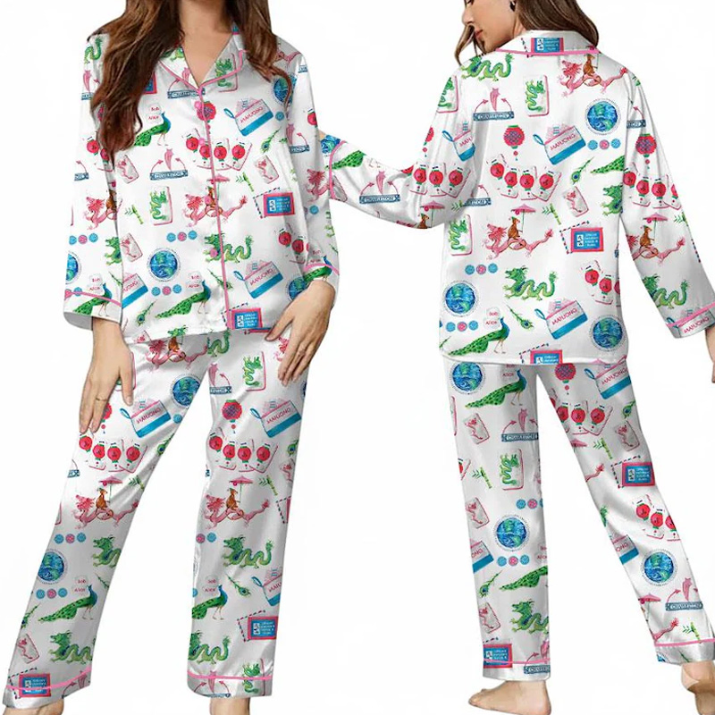 Chinoiserie Mahjong Satin Pajama Set Fun Long Sleeve Sleepwear Loungewear Gift for Game Night Lovers and Players