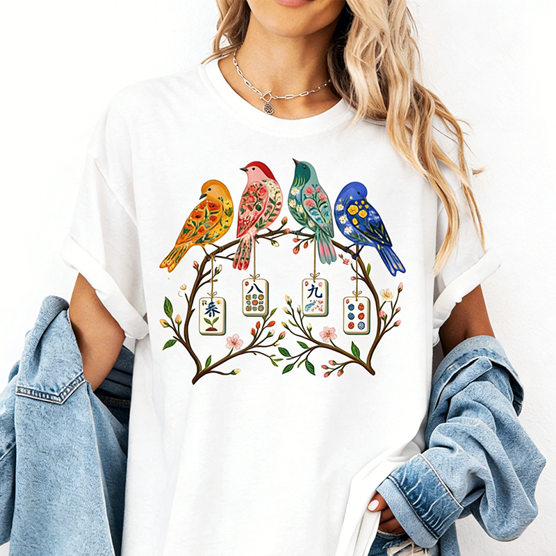Mahjong Bird on Tile Branch T-Shirt Spring Mahjong Shirt Girls Night Game Mahjong Love Spring Mahjong Bird Shirt Mother's Day Gift for Mahjong Lover Mama