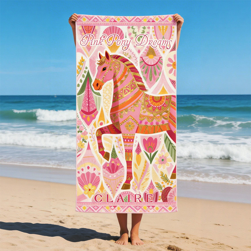 Personalized Pink Pony Beach Towel Custom Name Boho Horse Beach Towel for Girls 