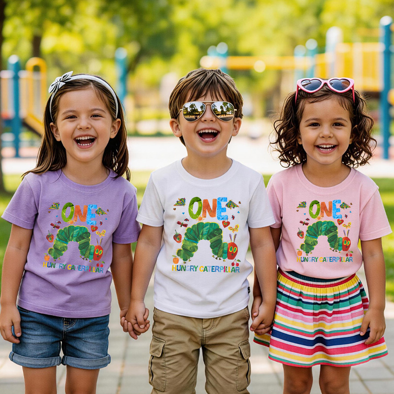 Personalized Colorful Name Age Print Cute Baby Outfit Fun Celebration Party Outfit Soft Cotton Toddler Tee Personalized Hungry Caterpillar First Birthday Shirt
