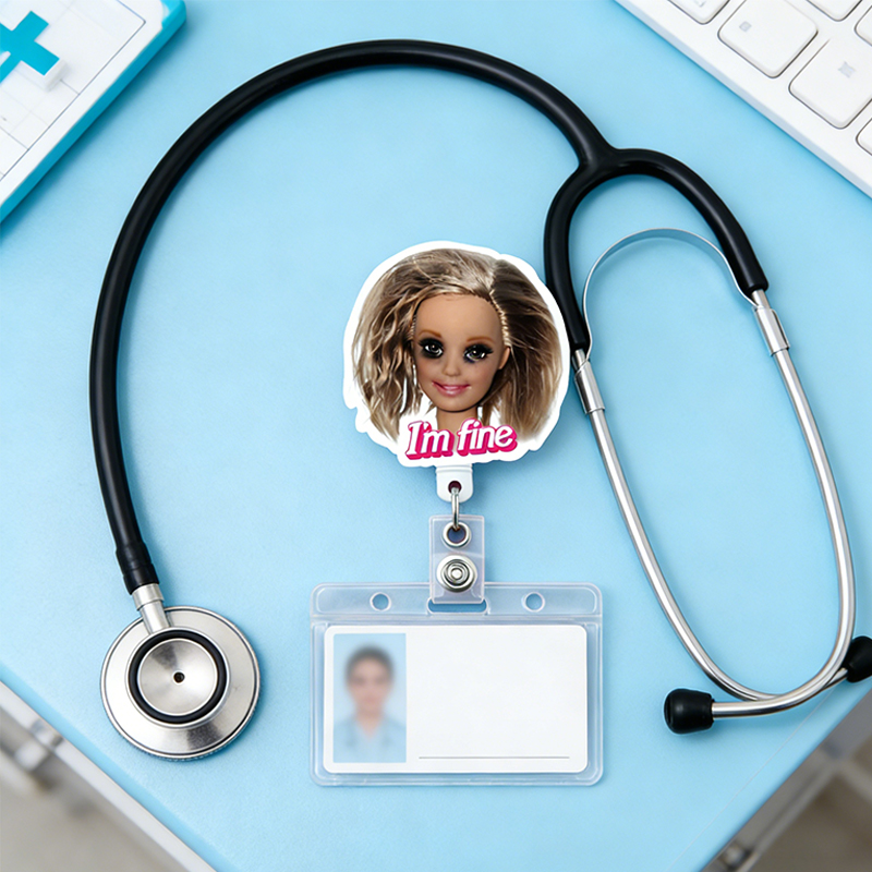 Personalized Relatable Meme Badge Reel  I'm Fine Doll Badge Funny Nurse Badge Busted Doll ID Holder for Overworked Professionals