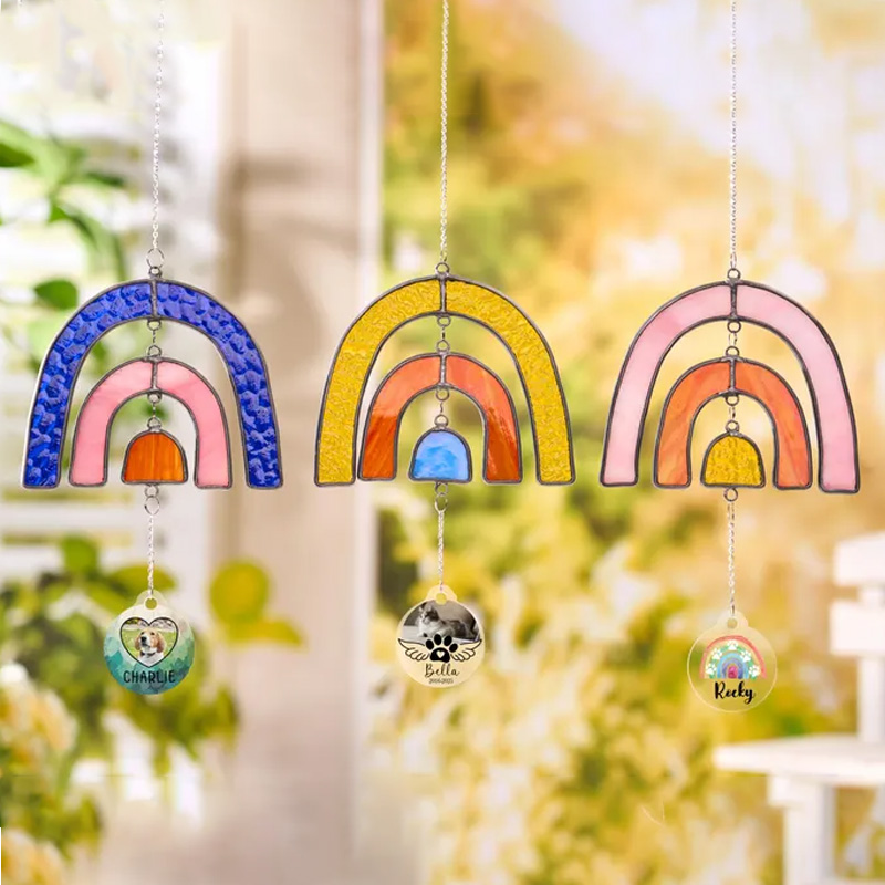 Personalized Rainbow Bridge Stained Glass Sun Catcher Custom Photo Pet Loss Gift Pet Memorial Ornament Dog Mom Gift Pet Grave Markers
