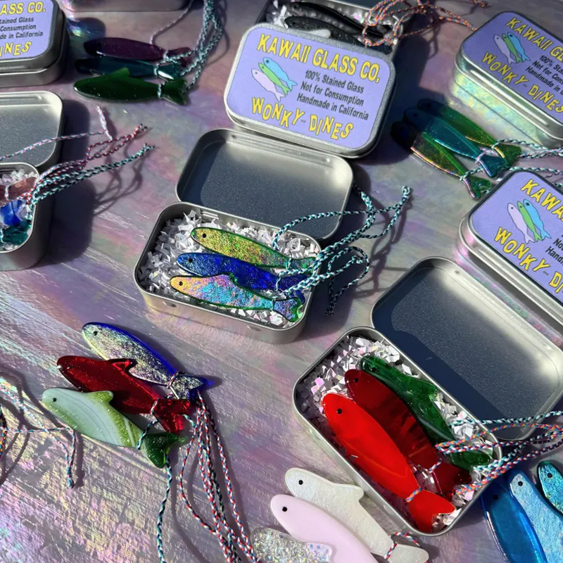 Wonky-Dines! Mystery 6-Pack of Stained Glass Sardine Suncatchers with Metal Tin! Handmade Sardine Suncatcher