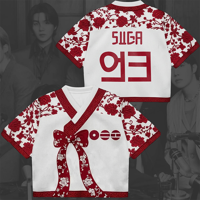 Personalized K-Pop Fan Jersey Red Floral Hanbok Style Mesh Crop Jersey Concert Jersey for Fans
