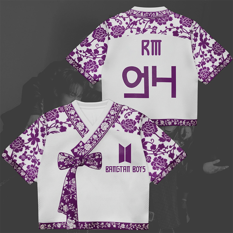 Personalized Bangtan Boys Hanbok Crop Jersey BTS K-Pop Flowery Purple Arirang World Tour Hanbok Style Mixed Mesh Jersey Gift For Army