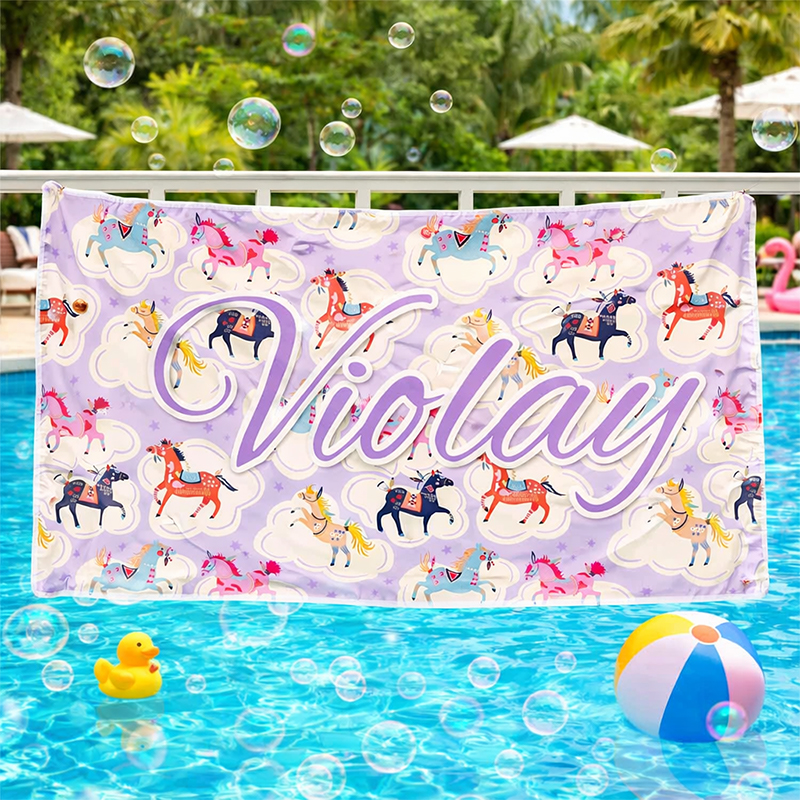 Personalized Whimsical Carousel Beach Towel Custom Text Vintage Horse Beach Towel Summer Gifts for Beach Lovers