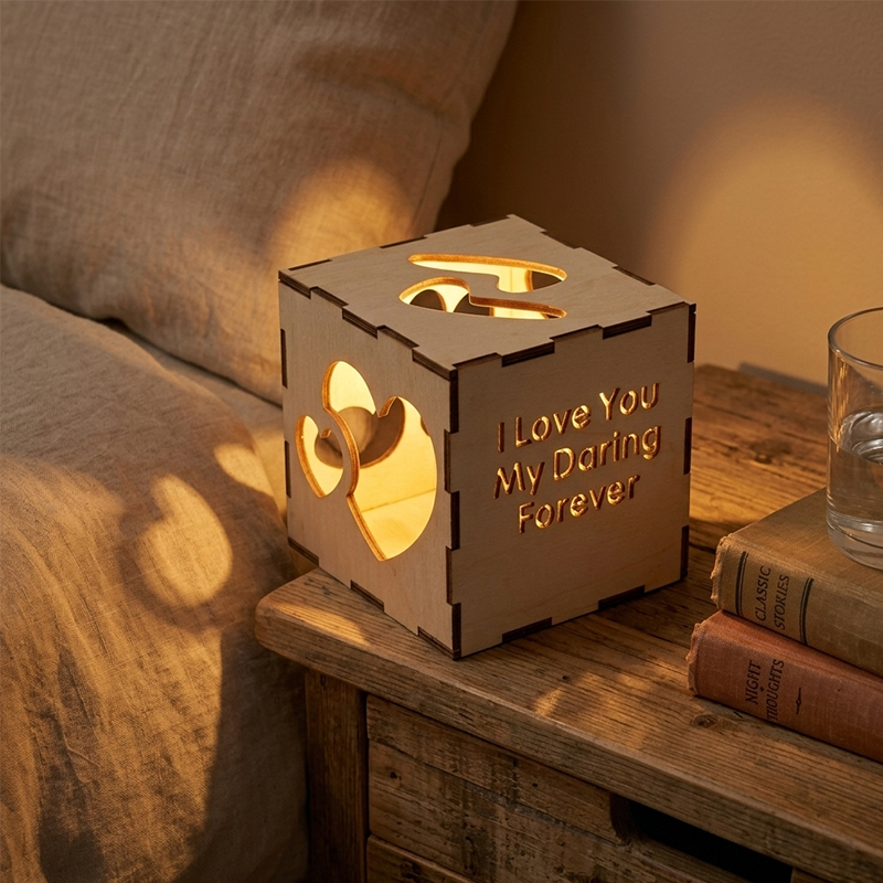 Personalized Mothers Day Gift Heart Cutout Wooden Night Light Custom Text Projection Lamp for Mom