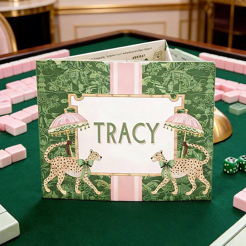 Personalized Green Pink Cheetah Mahjong Tile Cover Custom Text Bow Accent Mahjong Tile Cover for Mahjong Lovers Bridal Party 