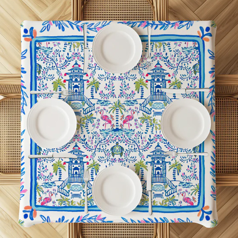 Colorful Chinoiserie Square Tablecloth 55" x 55" Polyester Square Instructional Design for Family Game Night Party Favor Supplies
