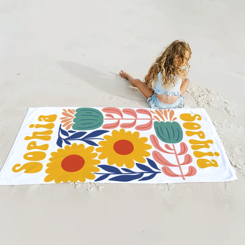 Personalized Yellow Floral Quick Dry Oversized Beach Towel with Name Summer Vacation Pool Party Gift for Kids