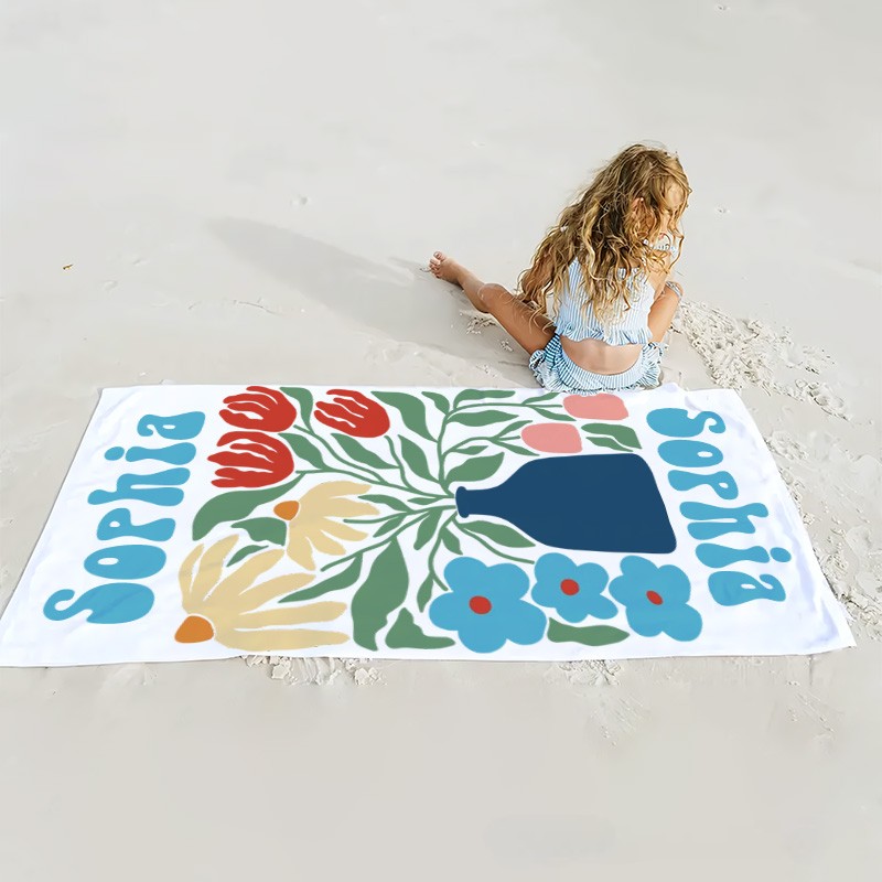Personalized Blue Floral Quick Dry Oversized Beach Towel with Name Summer Vacation Pool Party Gift for Kids