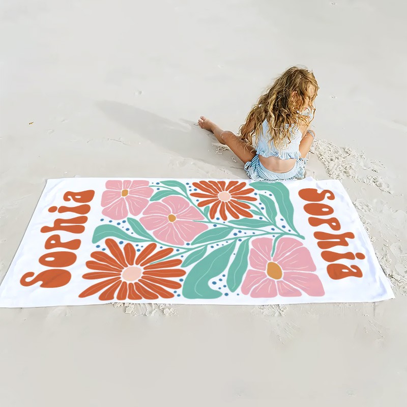 Personalized Pink Floral Quick Dry Oversized Beach Towel with Name Summer Vacation Pool Party Gift for Kids