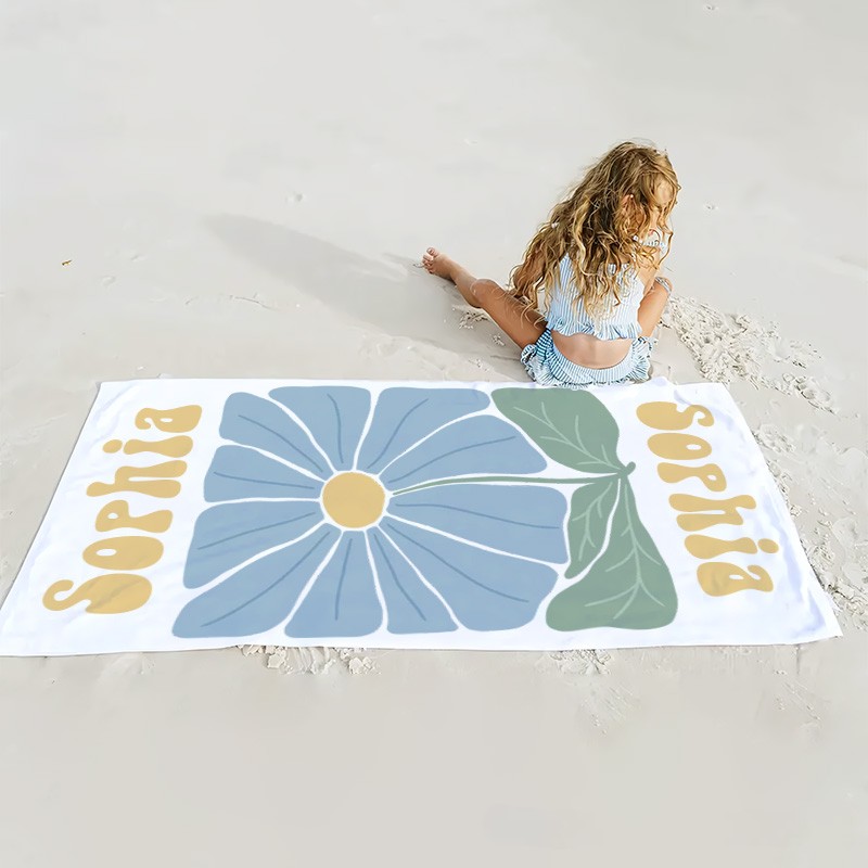 Personalized Blue Floral Quick Dry Oversized Beach Towel with Name Summer Vacation Pool Party Gifts for Kids