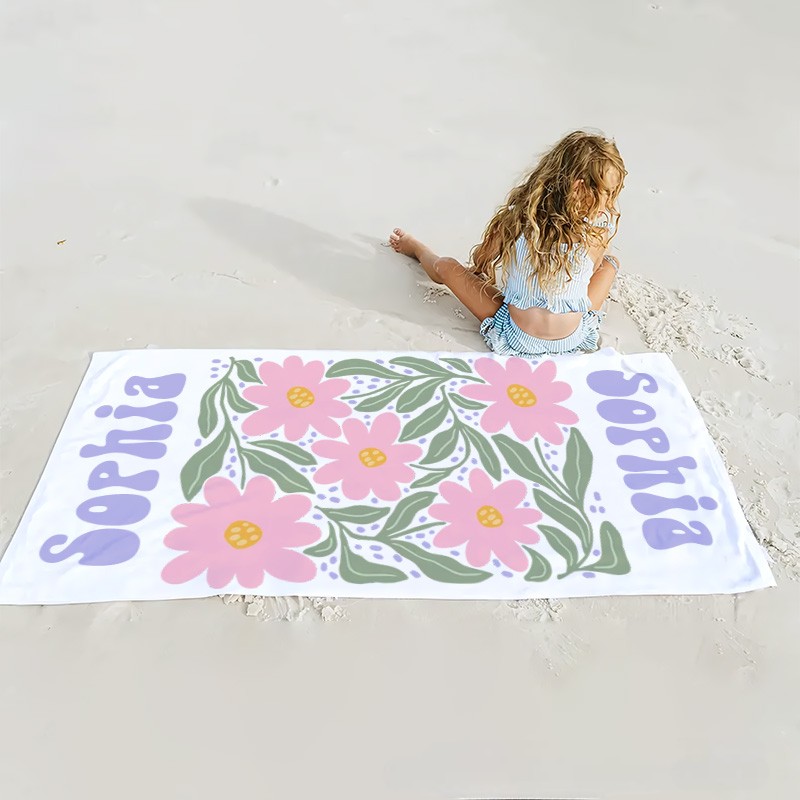Personalized Pink Floral Quick Dry Oversized Beach Towel with Name Summer Vacation Pool Party Gifts for Kid