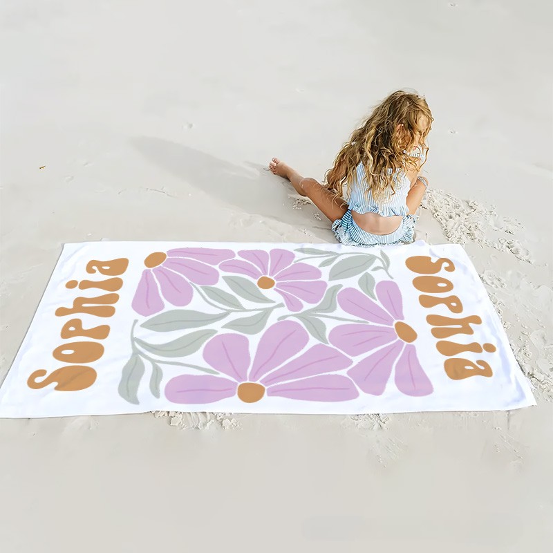 Personalized Purple Floral Quick Dry Oversized Beach Towel with Name Summer Vacation Pool Party Gifts for Kid