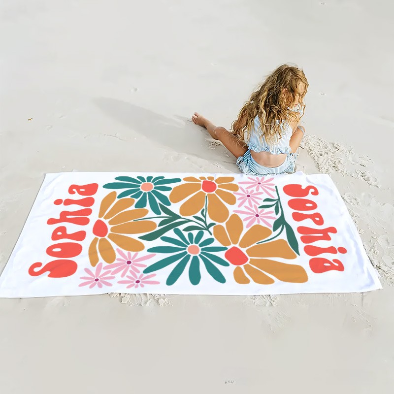 Personalized Orange Floral Quick Dry Oversized Beach Towel with Name Summer Vacation Pool Party Gifts for Kid