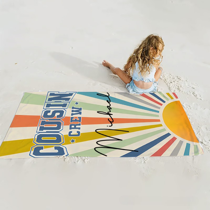 Personalized Cousin Crew Vintage Sunray Kids Beach Towel with Name Beach Party Travel Gift