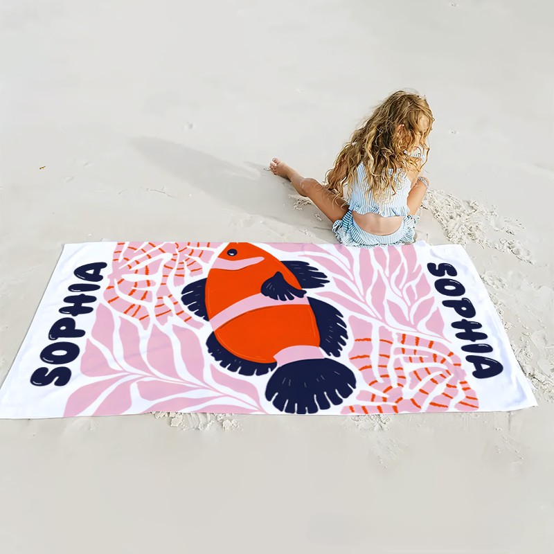 Personalized Red Fish Marine Life Art Illustration Kids Beach Towel with Name Summer Vacation Travel Gift for Kids