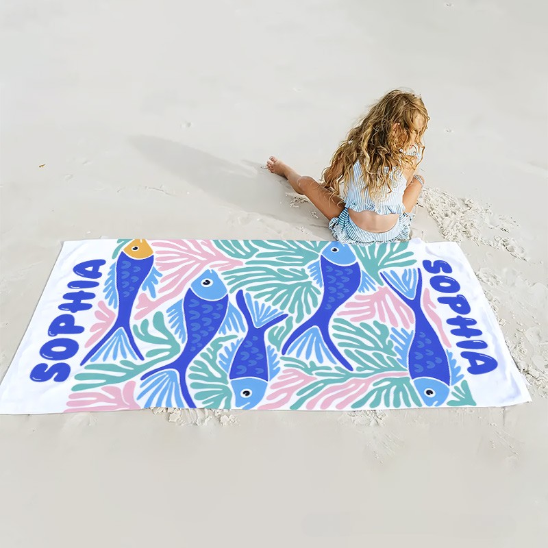 Personalized Fish Marine Life Art Illustration Kids Beach Towel with Name Summer Vacation Travel Gift for Kids