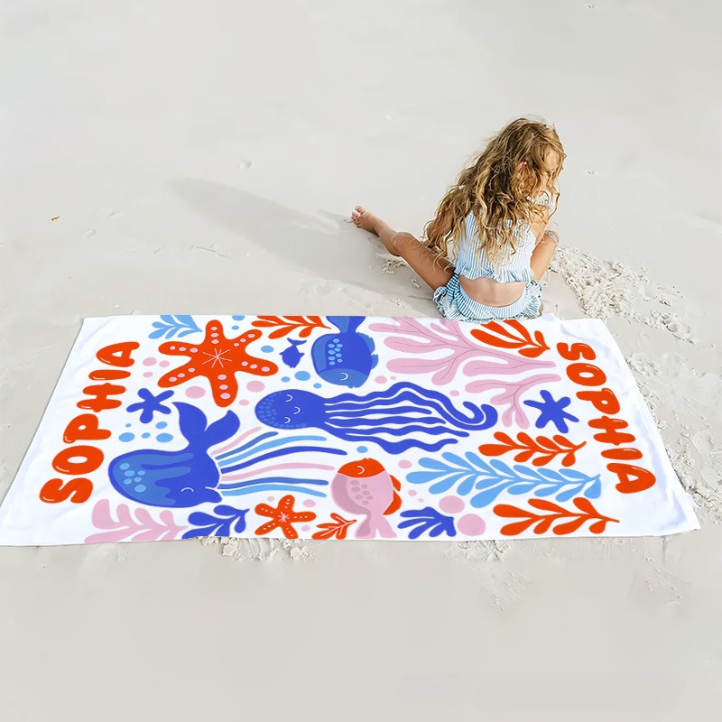 Personalized Marine Life Art Illustration Kids Beach Towel with Name Summer Vacation Travel Gift for Kids