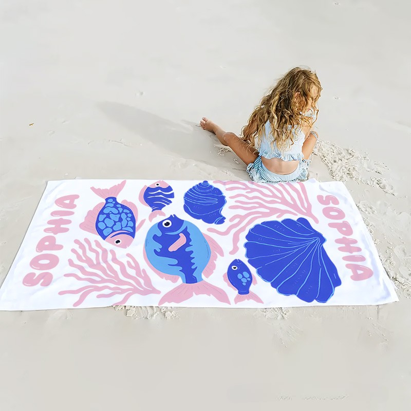 Personalized Fish Life Art Illustration Kids Beach Towel with Name Summer Vacation Travel Gift for Kids
