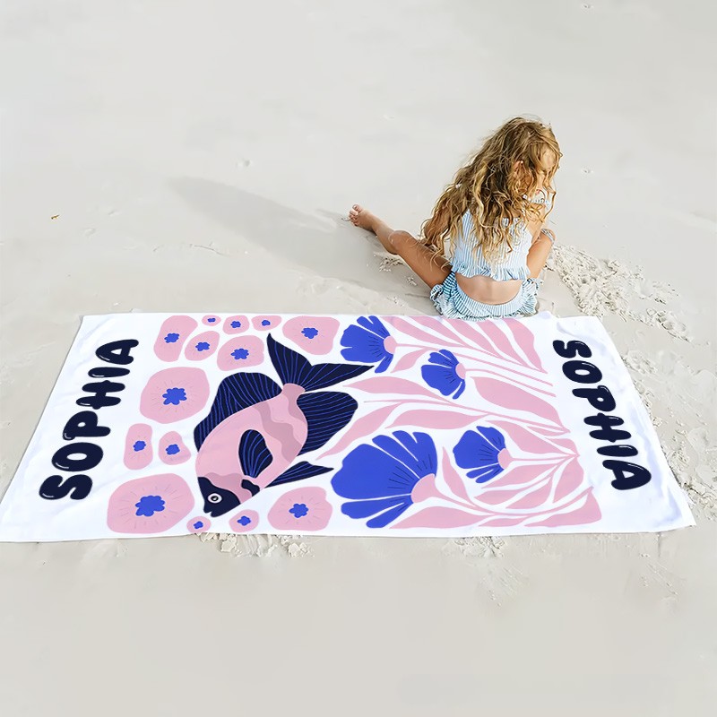 Personalized Pink Fish Life Art Illustration Kids Beach Towel with Name Summer Vacation Travel Gift for Kids