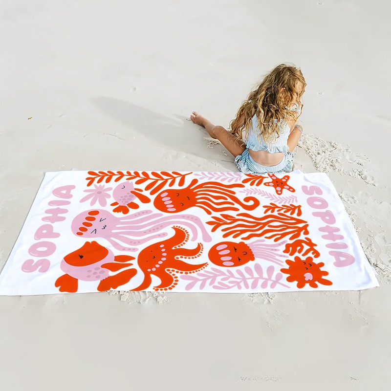 Personalized Pink Octopus Life Art Illustration Kids Beach Towel with Name Summer Vacation Travel Gift for Kids