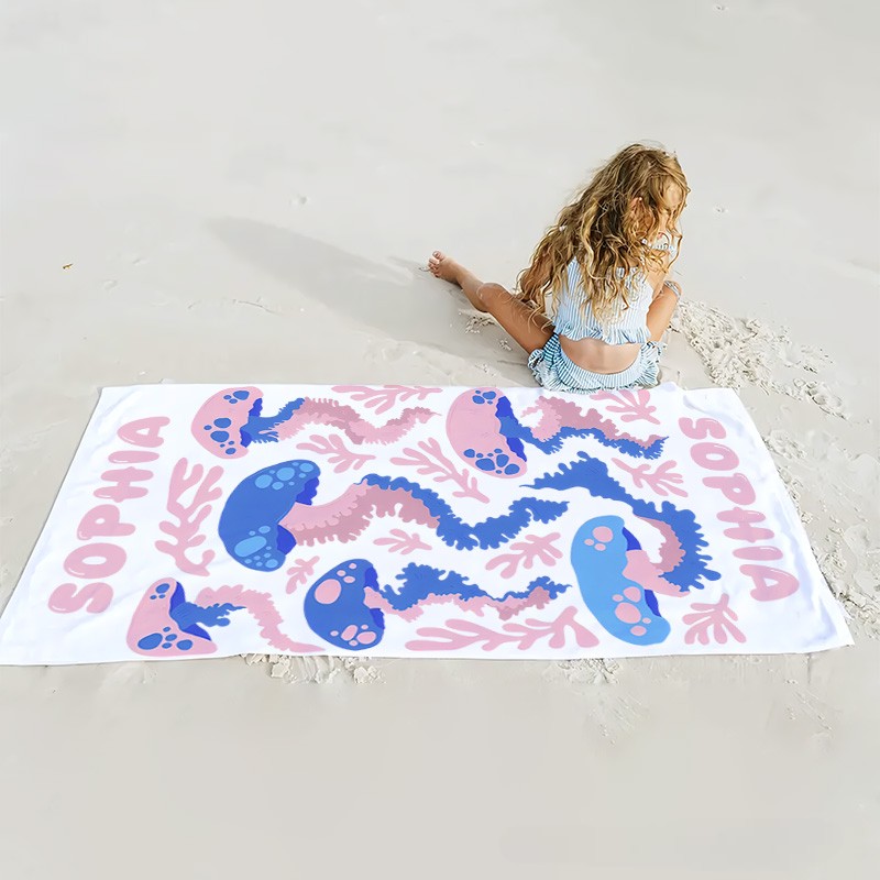 Personalized Jellyfish Life Art Illustration Kids Beach Towel with Name Summer Vacation Travel Gift for Kids