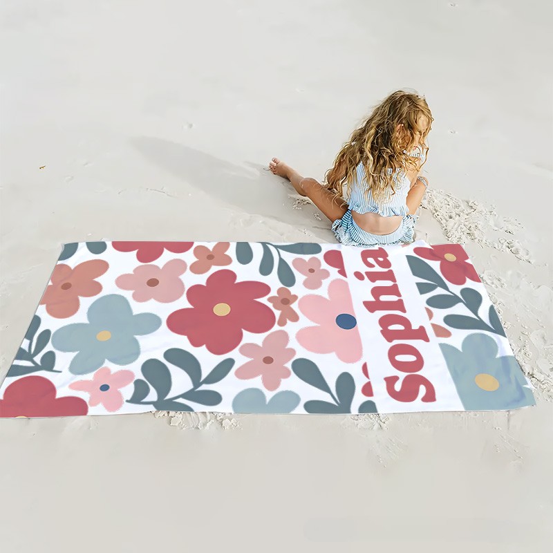 Personalized Red Danish Flower Kids Beach Towel with Name Beach Party Travel Birthday Gift for Kids