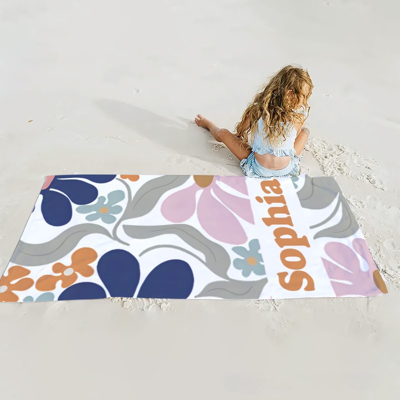 Personalized Navy Danish Flower Kids Beach Towel with Name Beach Party Travel Birthday Gift for Kids