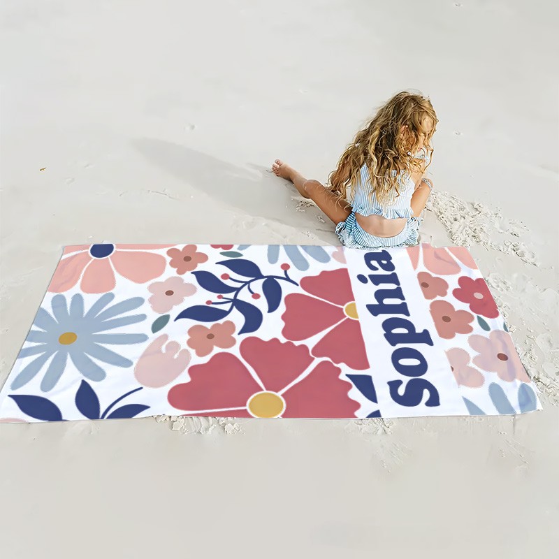 Personalized Pink Danish Flower Kids Beach Towel with Name Beach Party Travel Birthday Gift for Kids