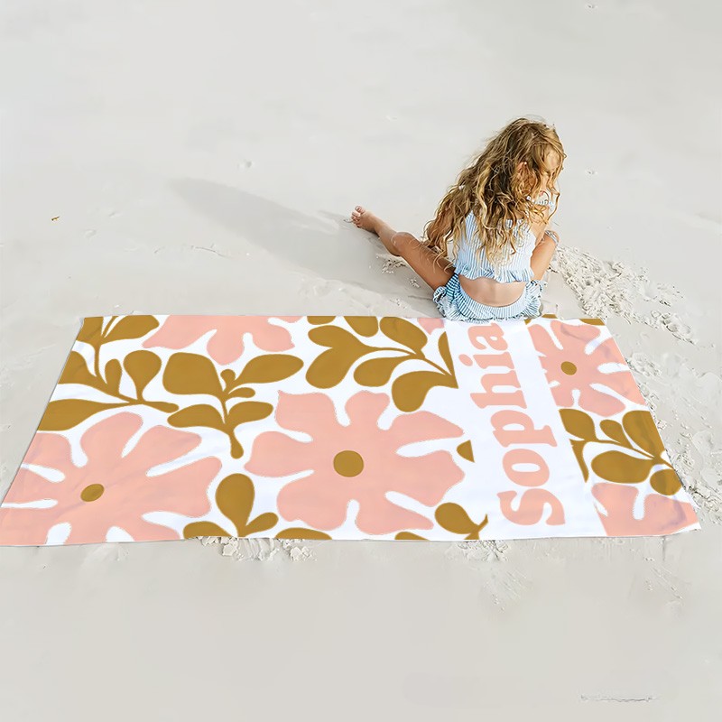 Personalized Yellow Danish Flower Kids Beach Towel with Name Beach Party Travel Birthday Gift for Kids