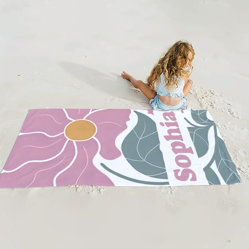Personalized Purple Danish Flower Kids Beach Towel with Name Beach Party Travel Birthday Gift for Kids