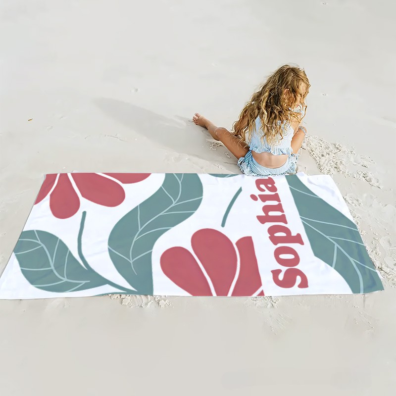 Personalized Red Danish Flower Kids Beach Towel with Name Beach Party Travel Birthday Gift for Kid