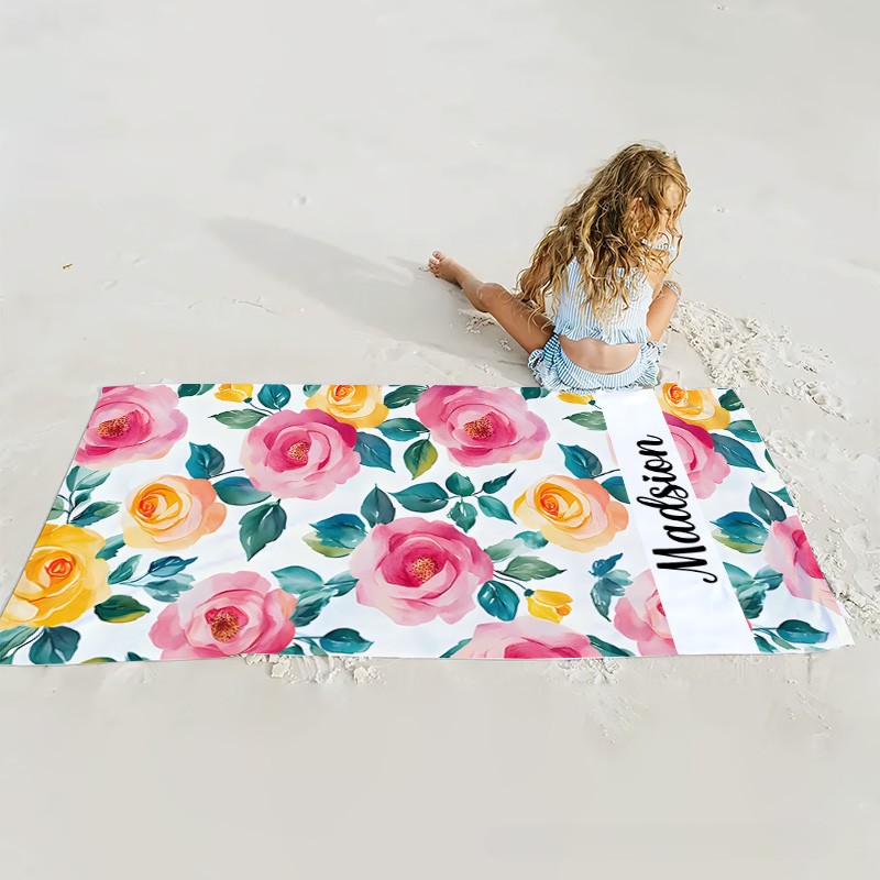 Personalized Pink Watercolor Floral Stripe Kids Beach Towel with Name Beach Party Summer Vacation Gift for Kids