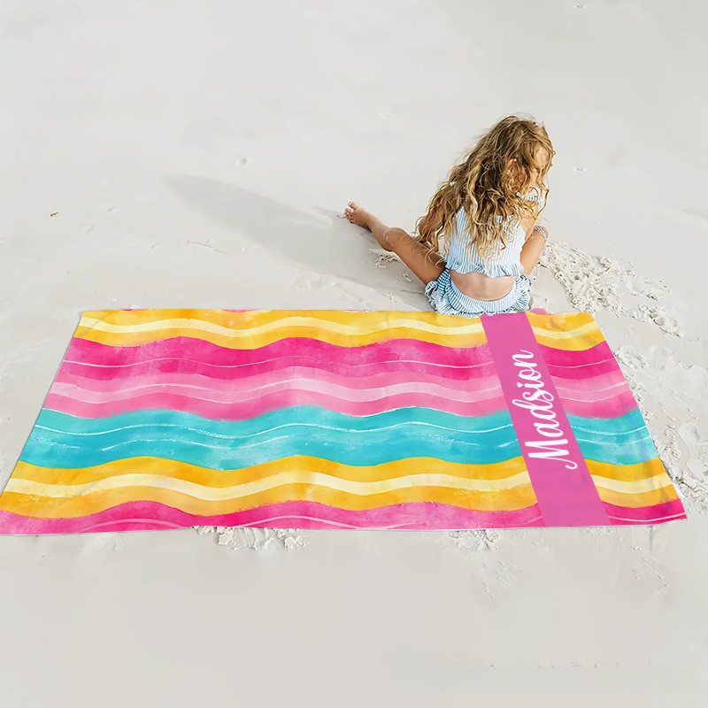 Personalized Watercolor Floral Pink and Yellow Stripe Kids Beach Towel with Name Beach Party Summer Vacation Gift for Kids