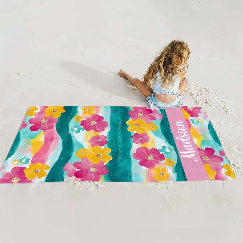 Personalized Pink and Yellow Watercolor Floral  Stripe Kids Beach Towel with Name Beach Party Summer Vacation Gift for Kids
