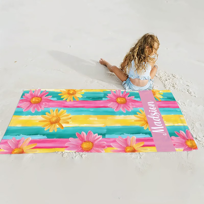 Personalized Floral  Stripe Kids Beach Towel with Name Beach Party Summer Vacation Gifts for Kids