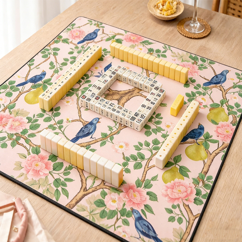 Chinoiserie Mahjong Mat Pink Floral Bird Design Waterproof Non Slip Elegant Table Protector Gift Mahjong Mat Mahjong Lovers Gifts