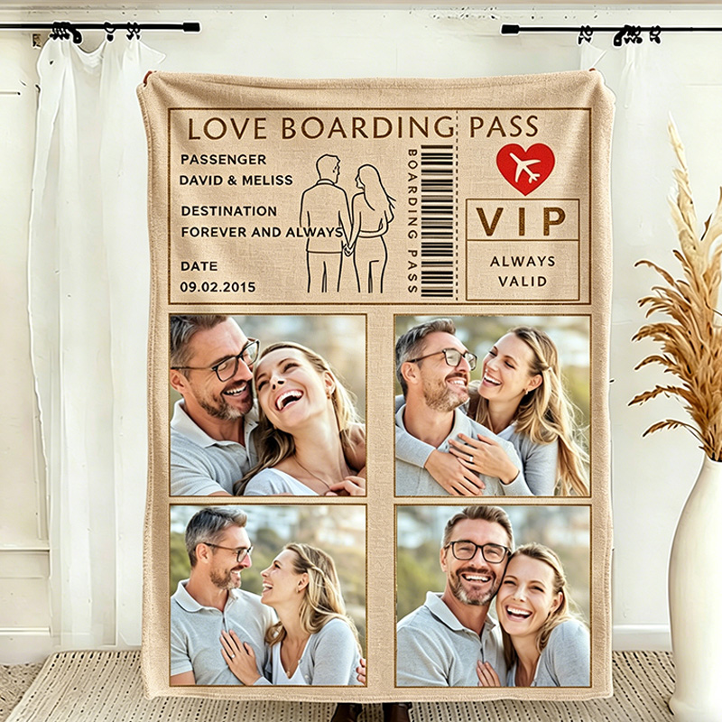 Personalized Love Boarding Pass Design Blanket for Couple Photo Blanket